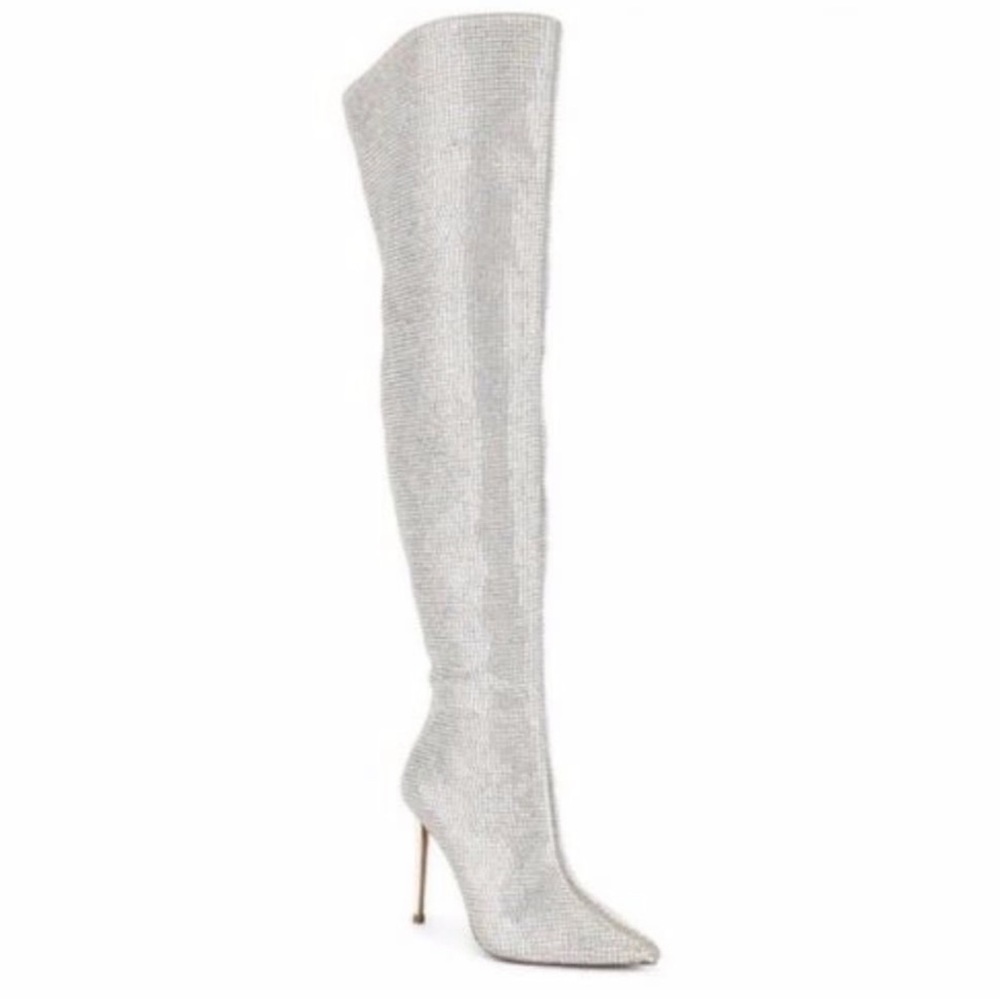 STEVE MADDEN CRYSTALS OVER THE KNEE BOOTS, SZ 6M, NEW, LEATHER, FABRIC